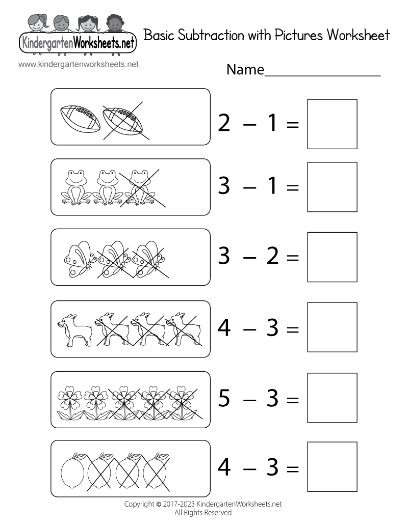 Kindergarten Basic Subtraction with Pictures Worksheet Printable