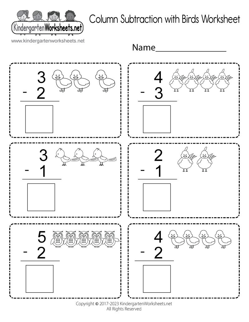 Kindergarten Column Subtraction with Birds Worksheet Printable