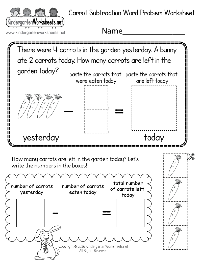 Kindergarten Carrot Subtraction Word Problem Worksheet Printable