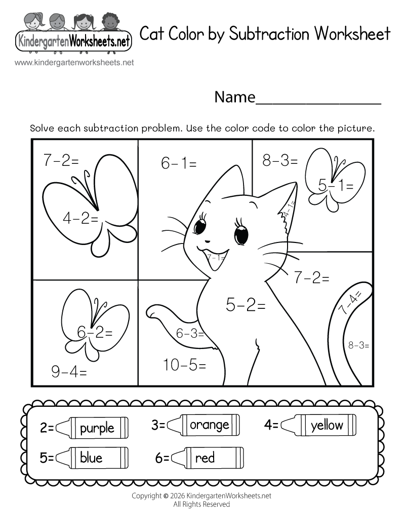 Kindergarten Cat Color by Subtraction Worksheet Printable