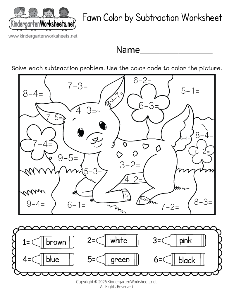 Kindergarten Fawn Color by Subtraction Worksheet Printable
