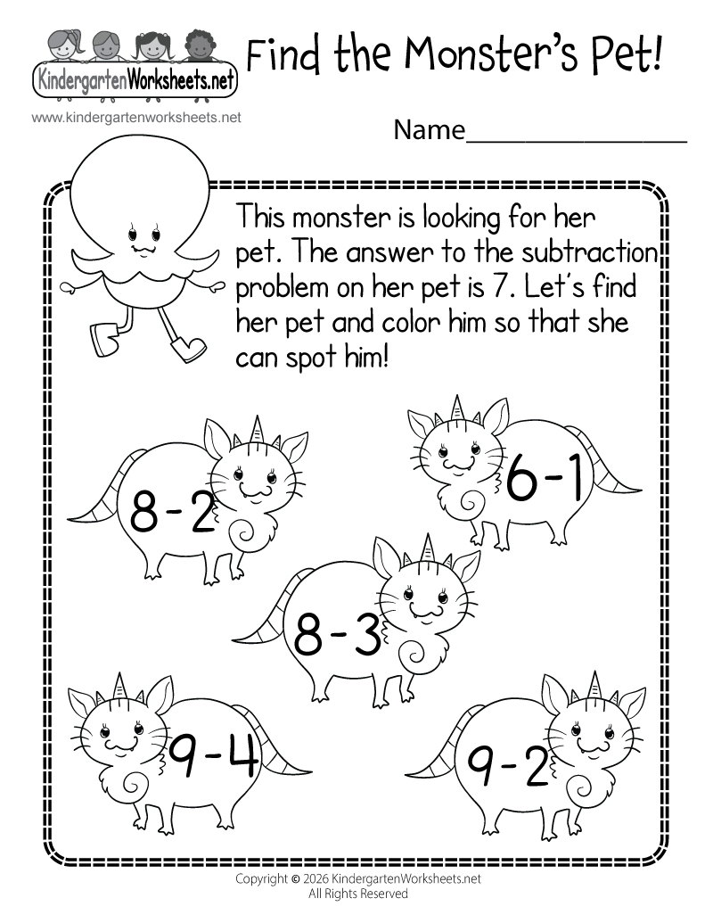 Kindergarten Find the Monster's Pet Subtraction Worksheet Printable