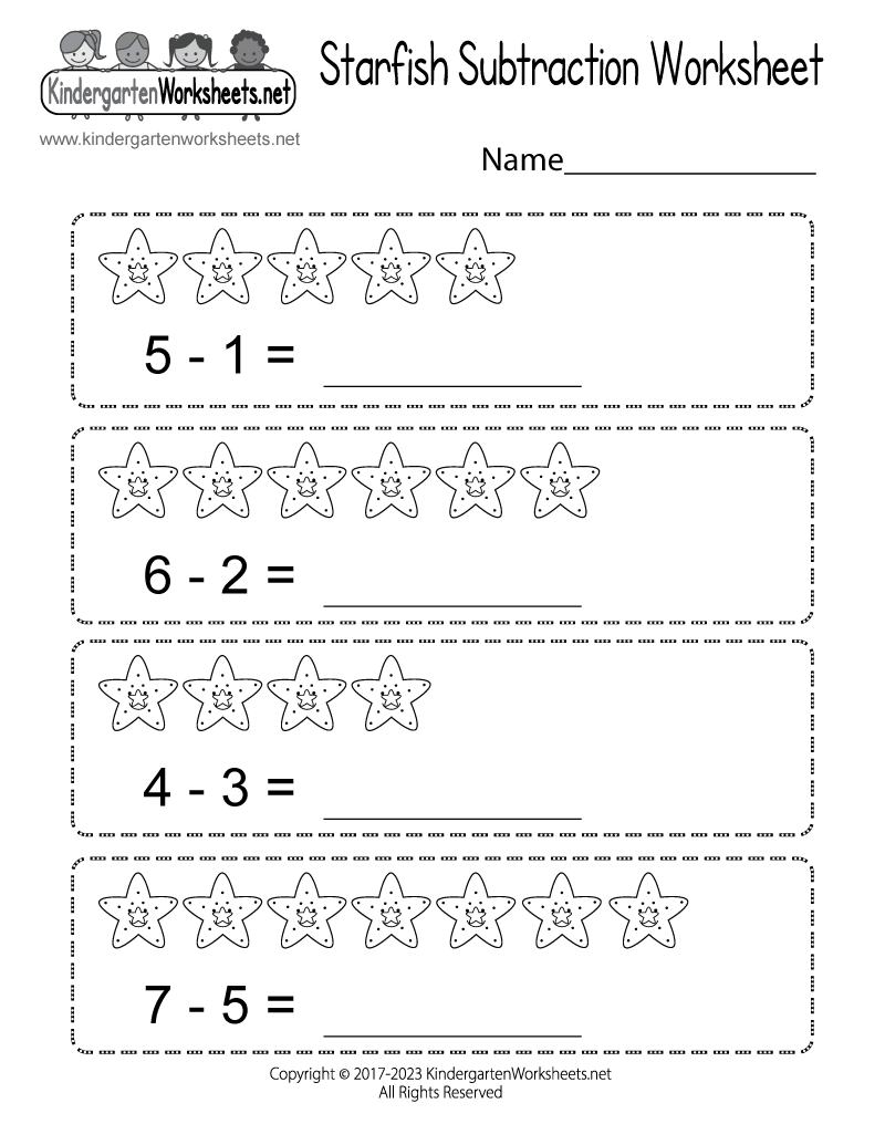 Kindergarten Starfish Subtraction Worksheet Printable