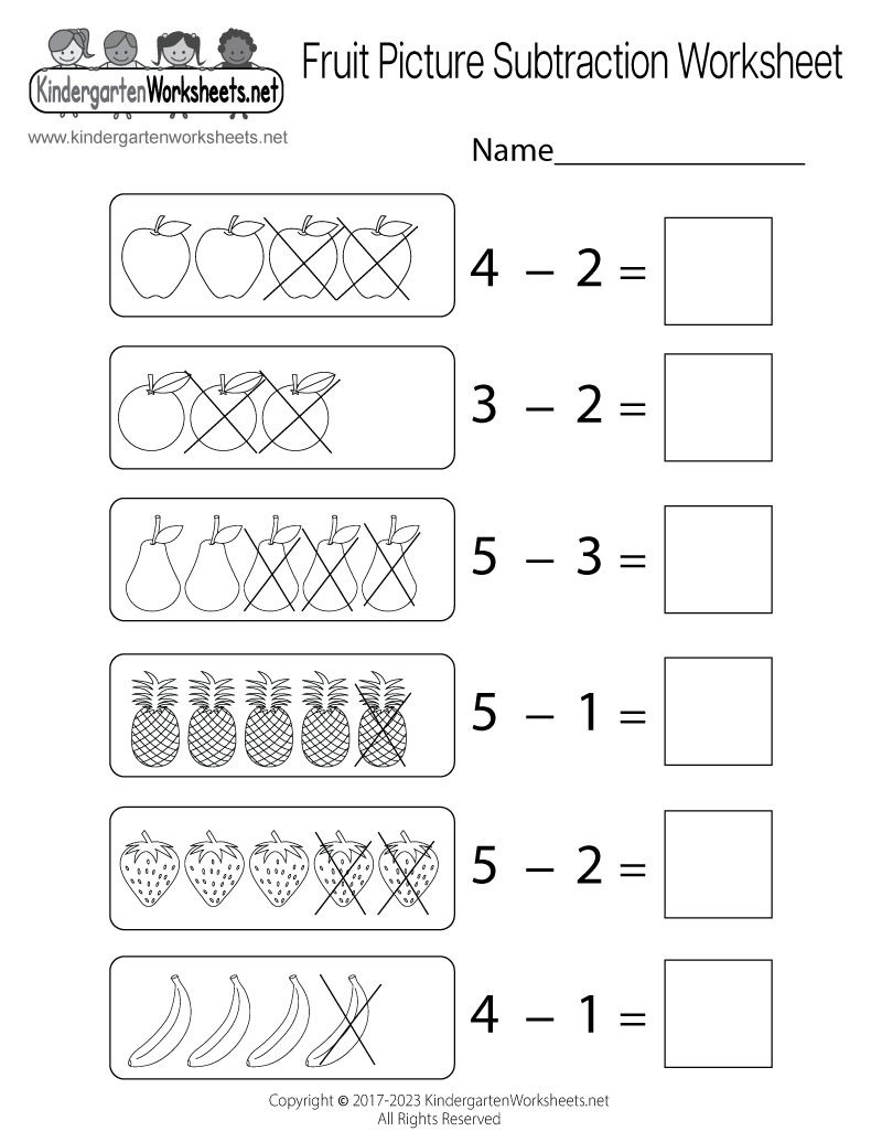 Kindergarten Fruit Picture Subtraction Worksheet Printable