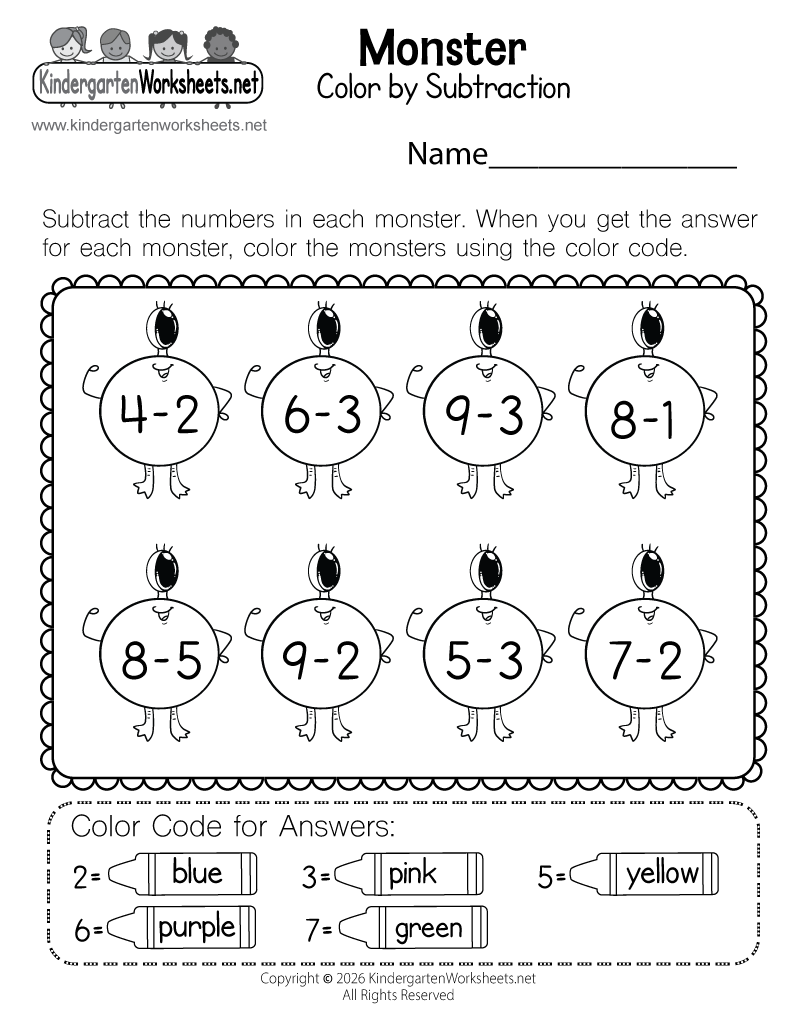 Kindergarten Monster Color by Subtraction Worksheet Printable