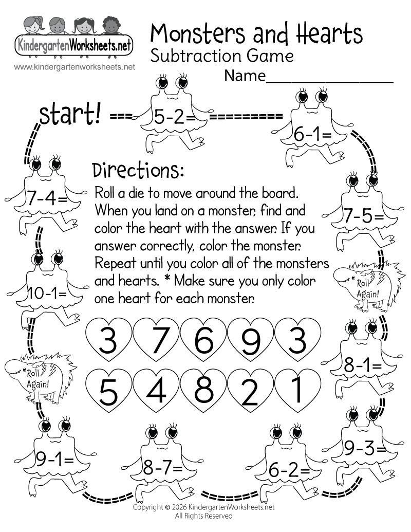 Kindergarten Monsters and Hearts Subtraction Game Worksheet Printable