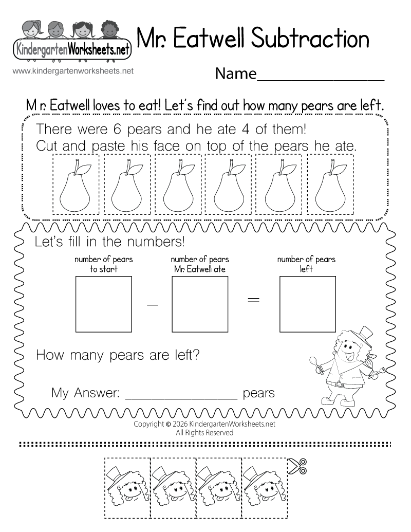 Kindergarten Mr. Eatwell Subtraction Worksheet Printable
