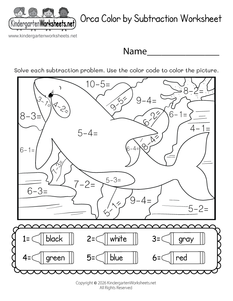 Kindergarten Orca Color by Subtraction Worksheet Printable