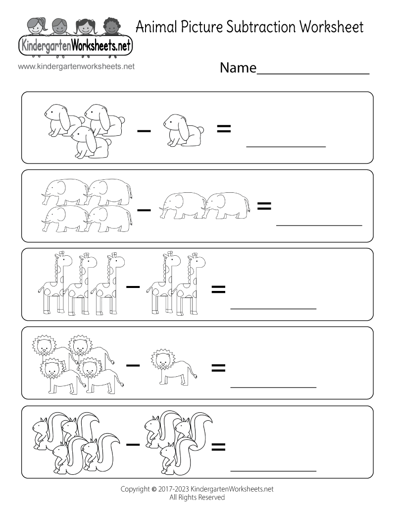 Kindergarten Animal Picture Subtraction Worksheet Printable