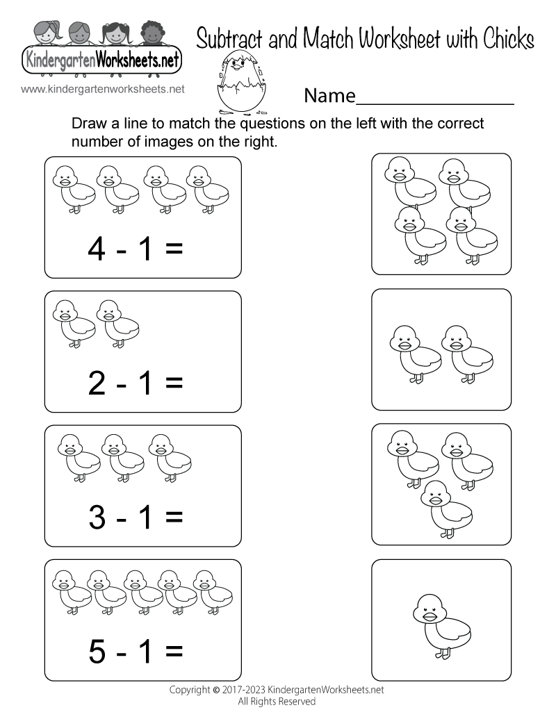 Kindergarten Subtract and Match Worksheet Printable