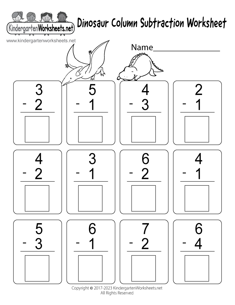 Kindergarten Dinosaur Column Subtraction Worksheet Printable