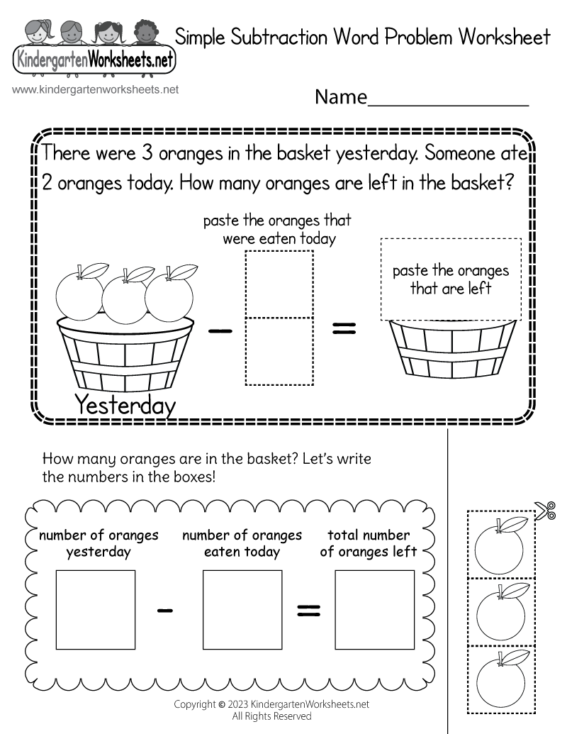 Kindergarten Simple Subtraction Word Problem Worksheet Printable