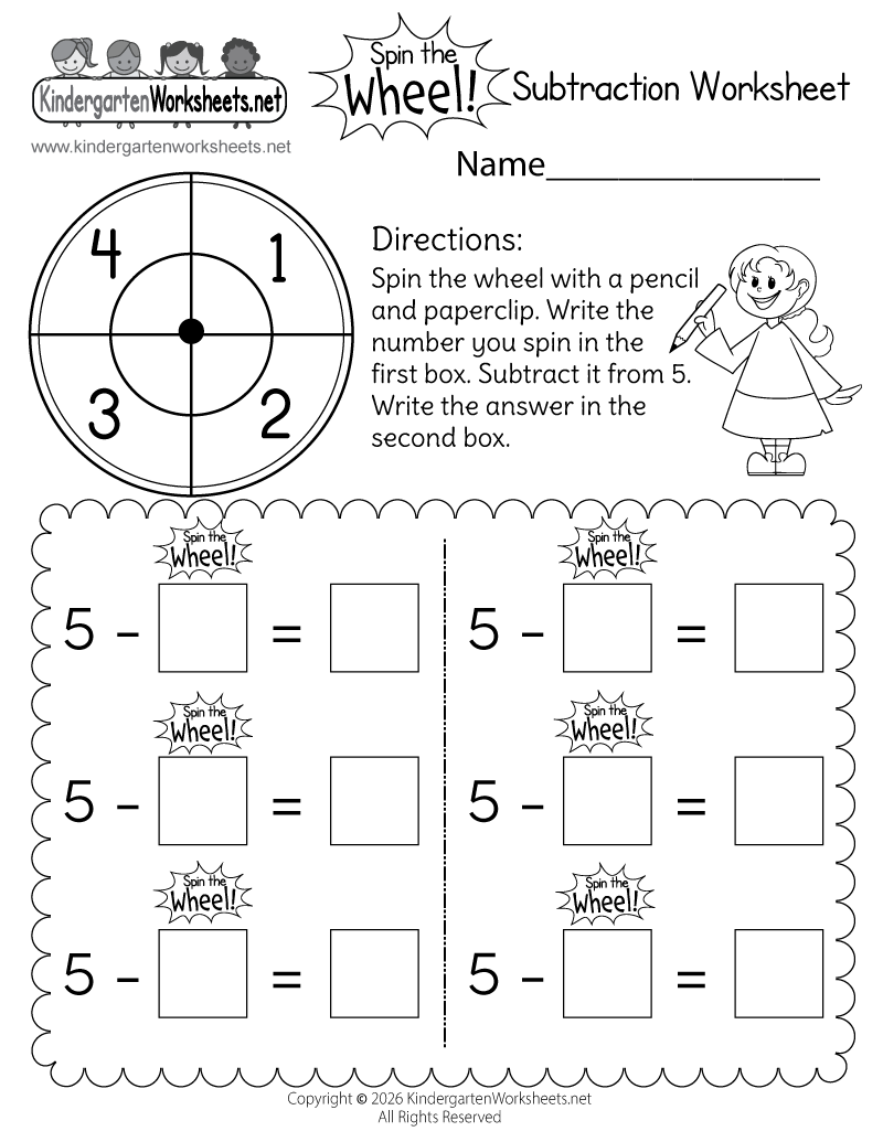 Kindergarten Spin the Wheel Subtraction Worksheet Printable