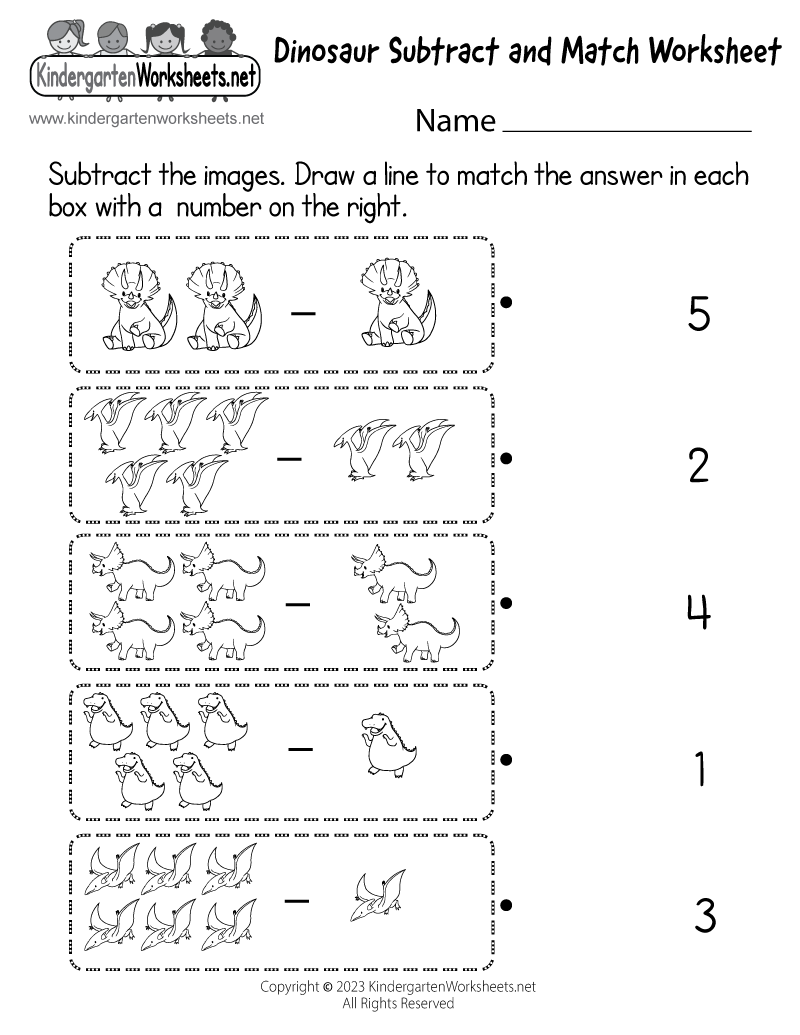 Kindergarten Dinosaur Subtract and Match Worksheet Printable