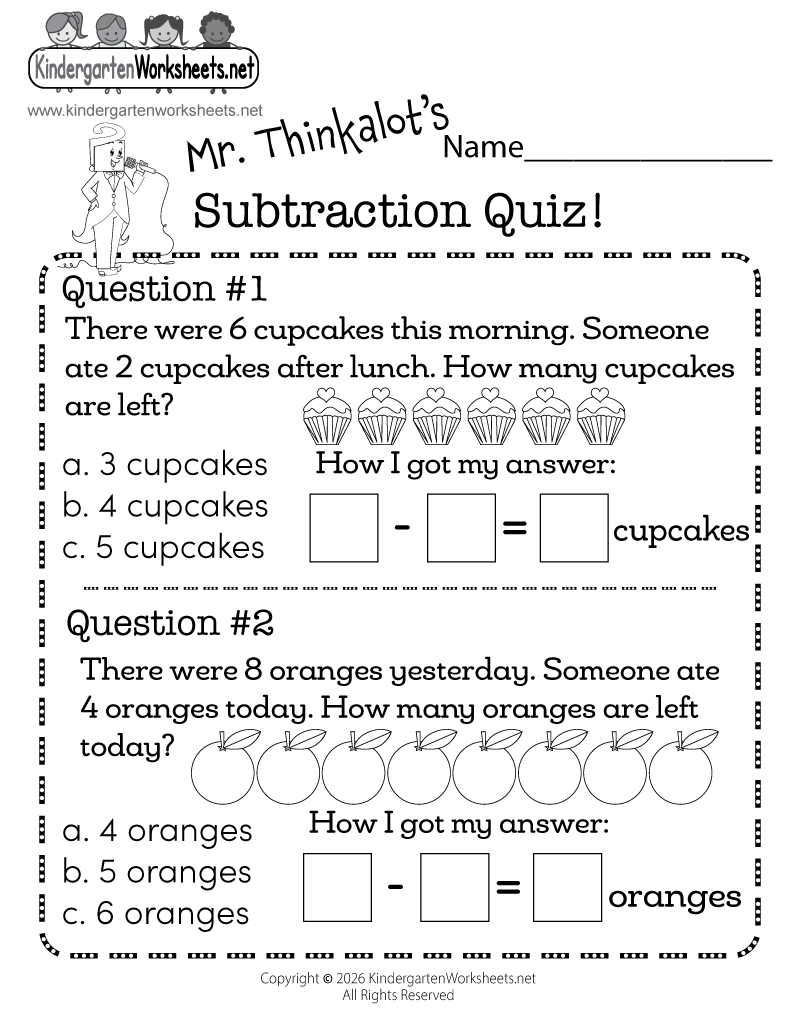 Kindergarten Subtraction Quiz Worksheet Printable