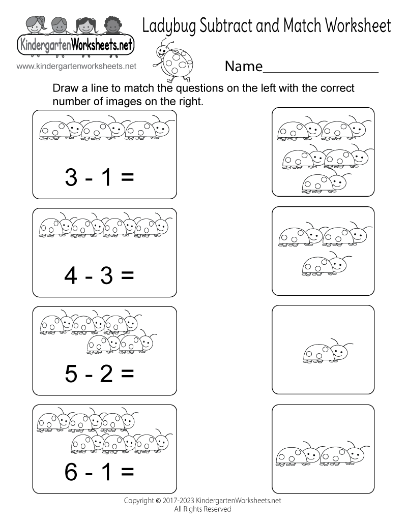 Kindergarten Ladybug Subtract and Match Worksheet Printable