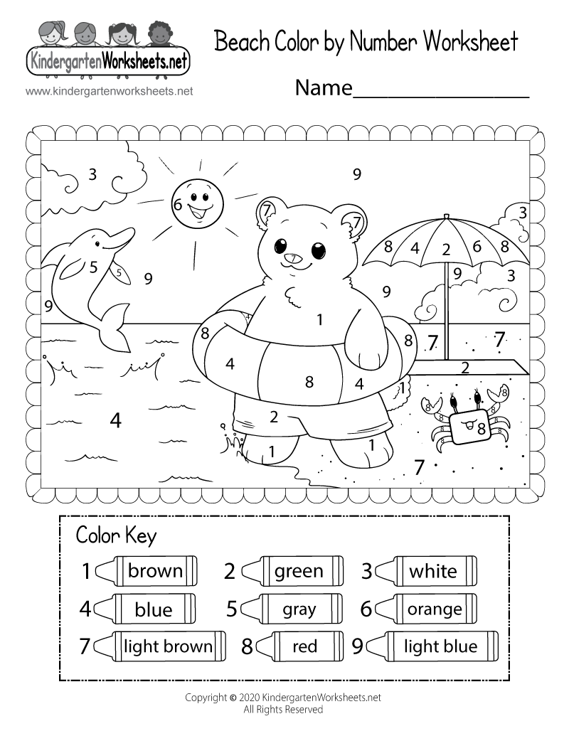 Kindergarten Beach Color by Number Worksheet Printable