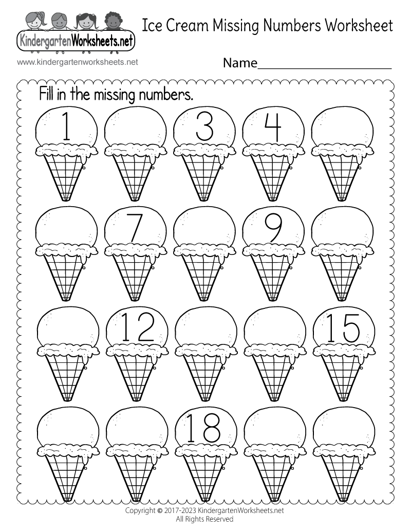 Kindergarten Ice Cream Missing Numbers 1-20 Worksheet Printable