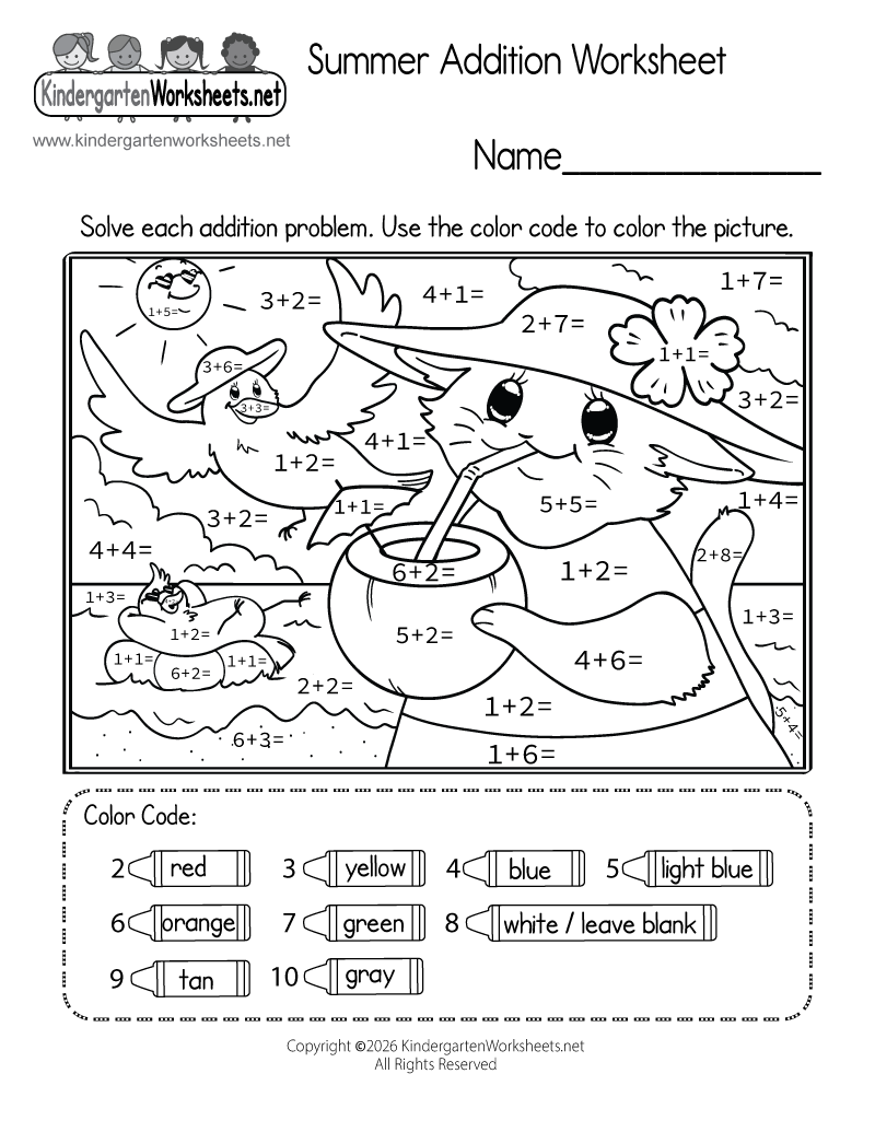 Kindergarten Summer Addition Worksheet Printable