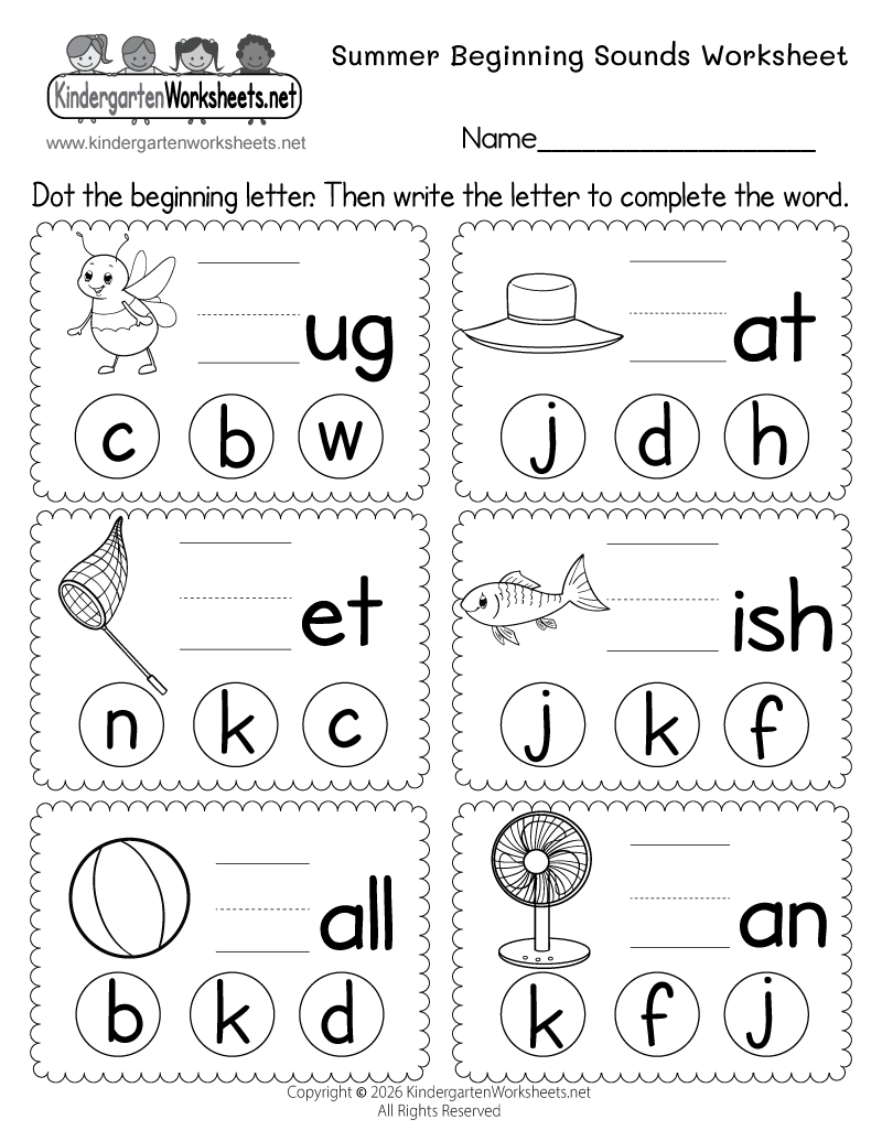 Kindergarten Summer Beginning Sounds Worksheet Printable