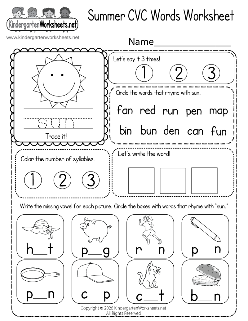 Kindergarten Summer CVC Words Worksheet Printable