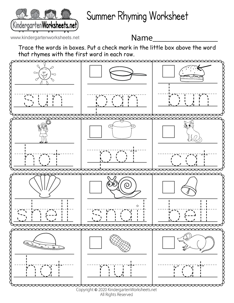 Kindergarten Summer Rhyming Worksheet Printable