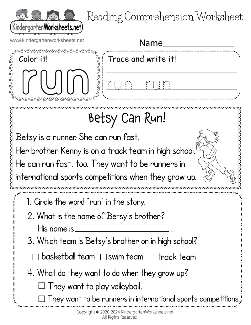 Kindergarten Summer Olympics Reading Worksheet