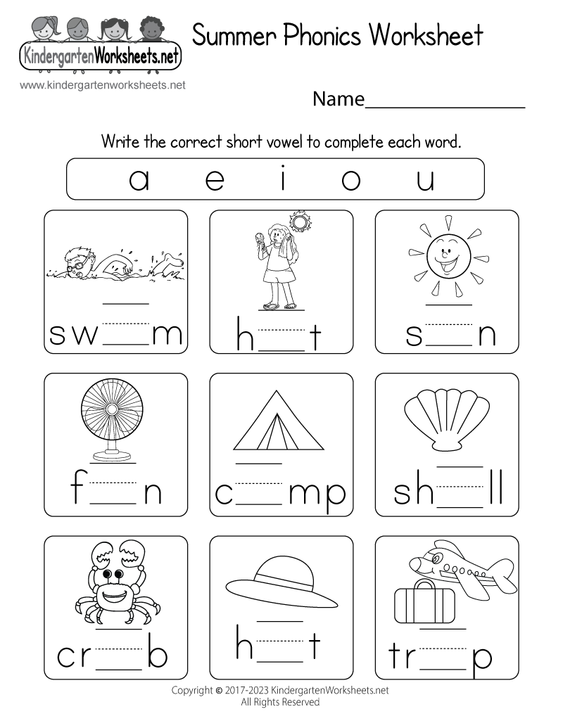 Kindergarten Summer Phonics Worksheet Printable