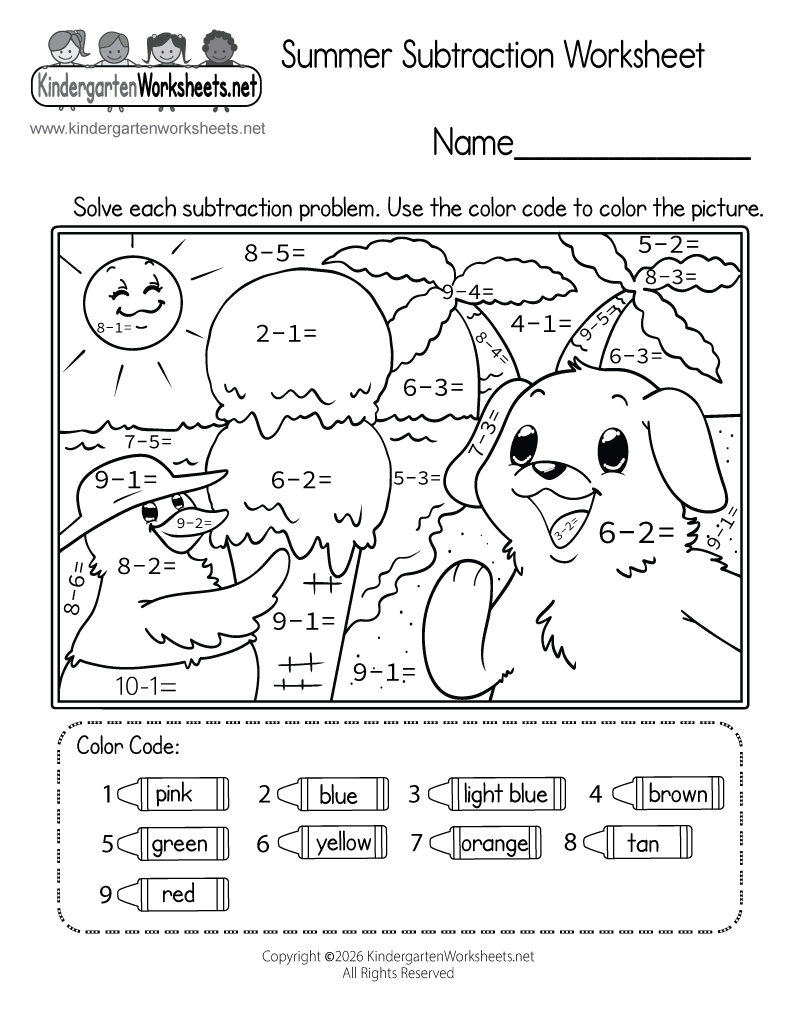 Kindergarten Summer Subtraction Worksheet Printable