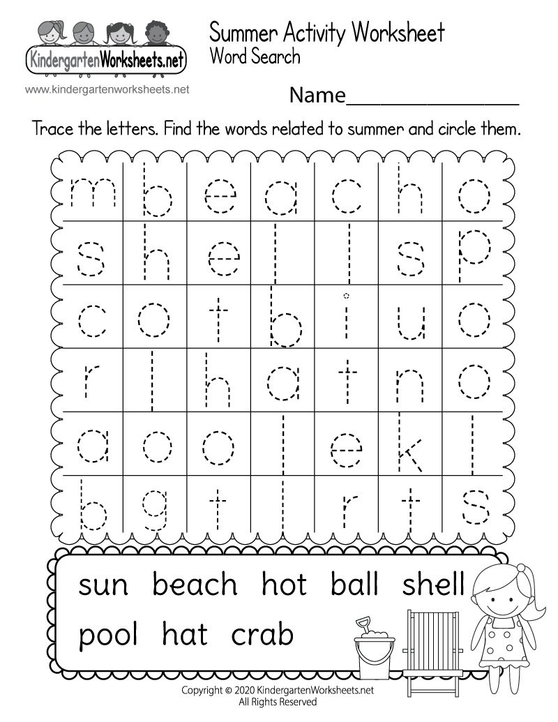 summer activity worksheet for kindergarten word search