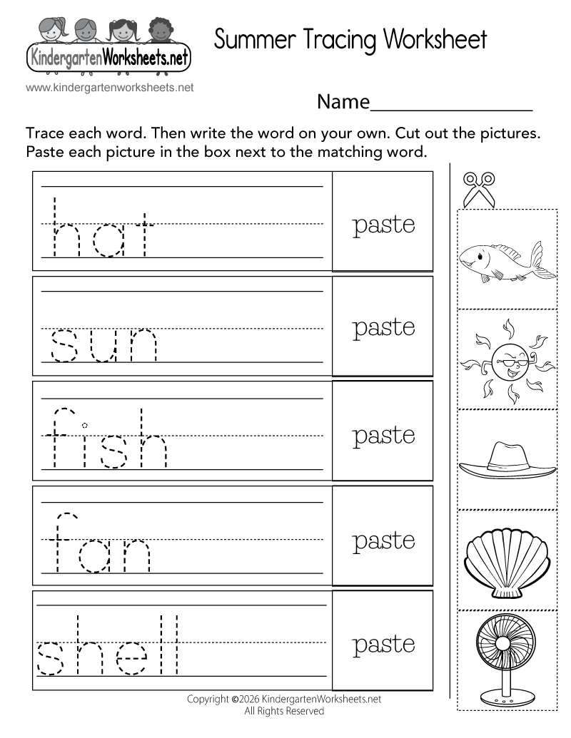 Kindergarten Summer Tracing Worksheet Printable