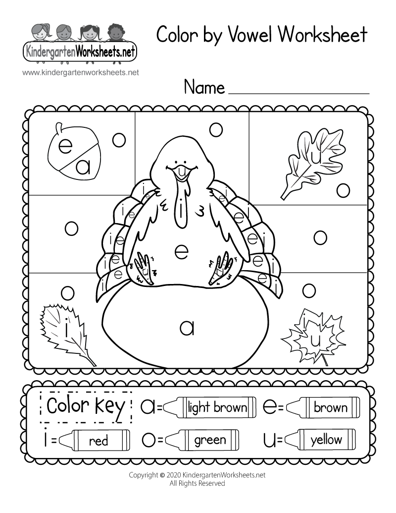 Kindergarten Color by Vowel Worksheet Printable
