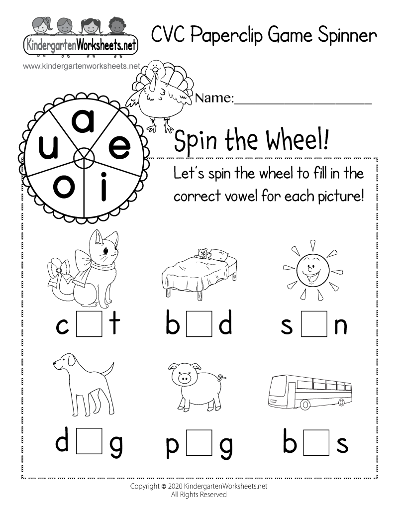 Kindergarten CVC Paperclip Game Spinner Worksheet Printable