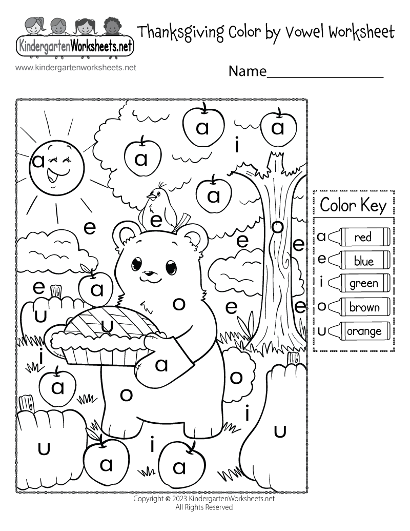 Kindergarten Cute Bear Color by Vowel Worksheet Printable