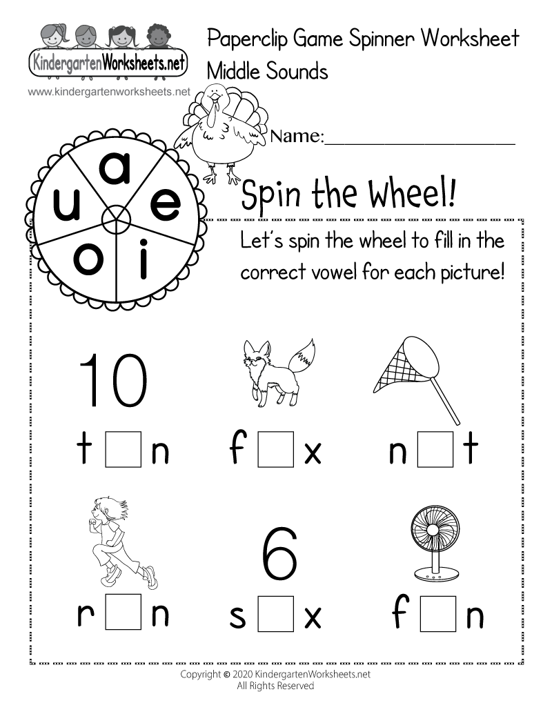 Kindergarten Middle Sounds Paperclip Game Spinner Worksheet Printable