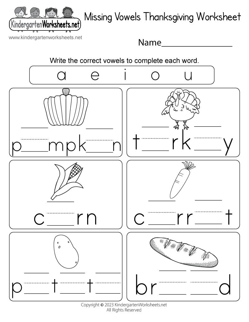 Kindergarten Missing Vowels Thanksgiving Worksheet Printable