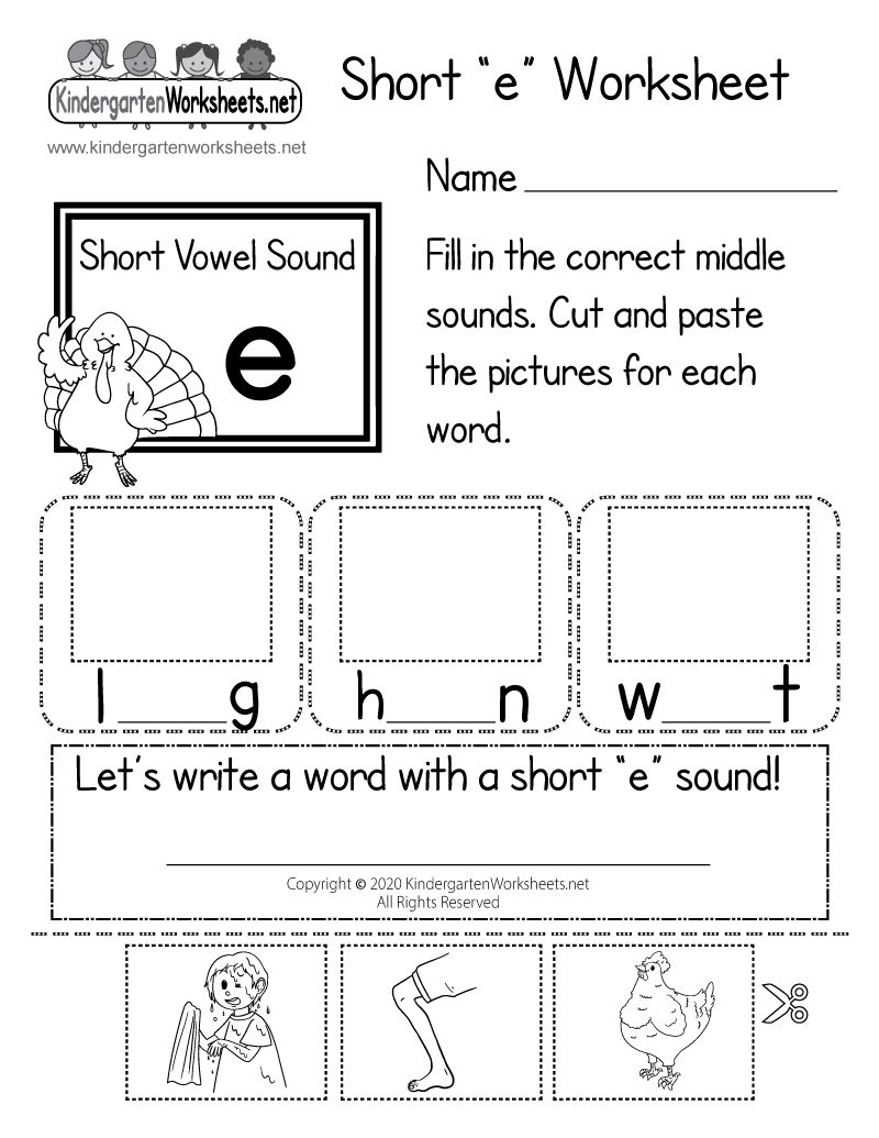 Kindergarten Short “e” Worksheet Printable