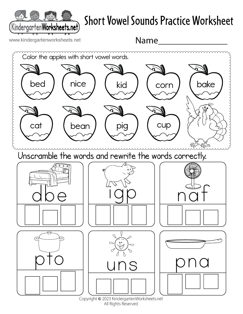 Kindergarten Short Vowel Sounds Practice Worksheet Printable