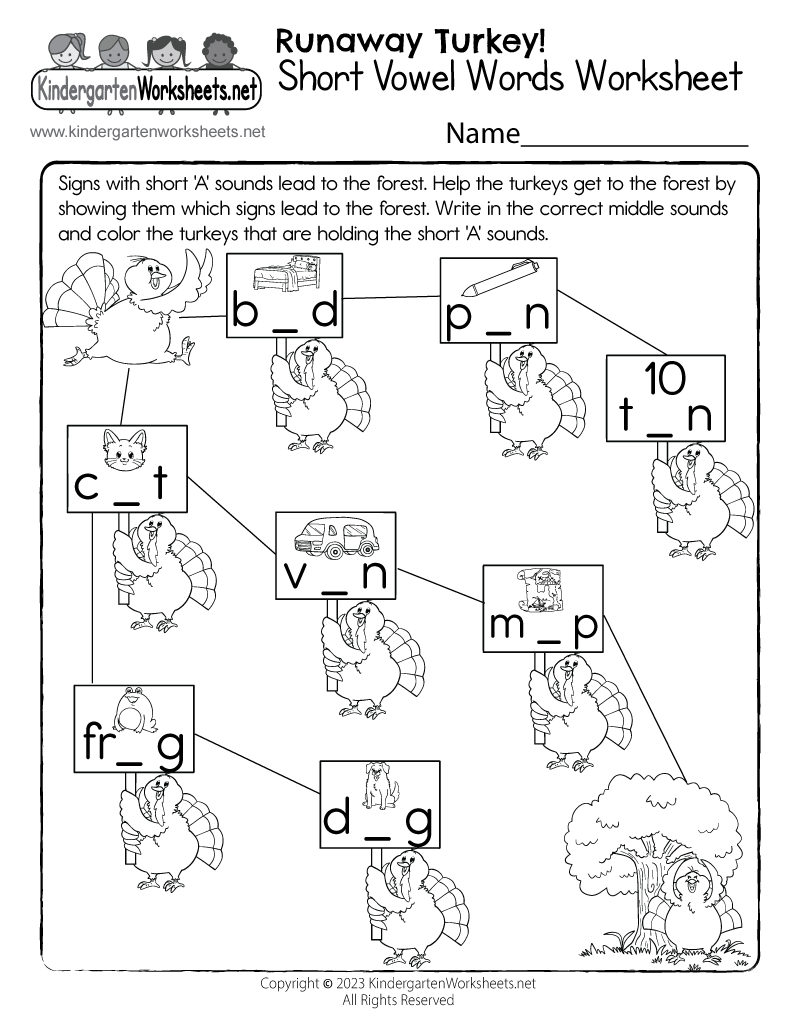 Kindergarten Short Vowel Words Worksheet Printable