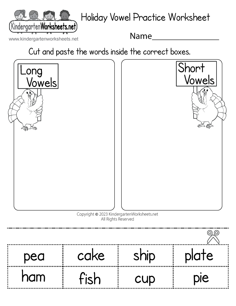 Kindergarten Holiday Vowel Practice Worksheet Printable