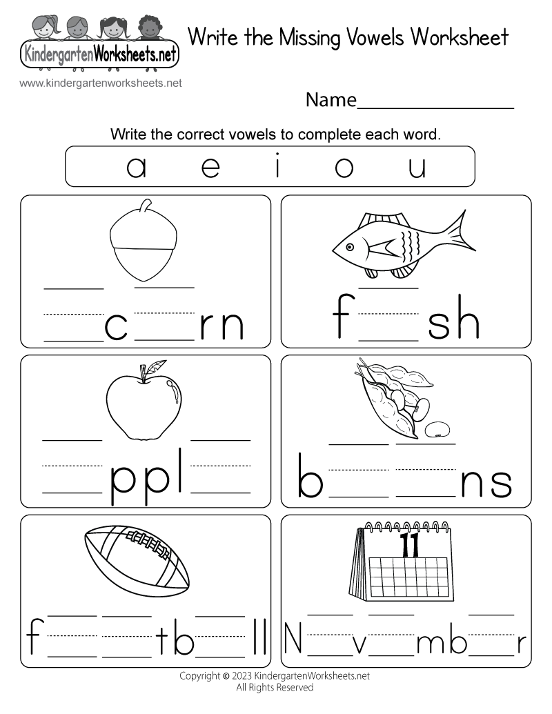 Kindergarten Write the Missing Vowels Worksheet Printable