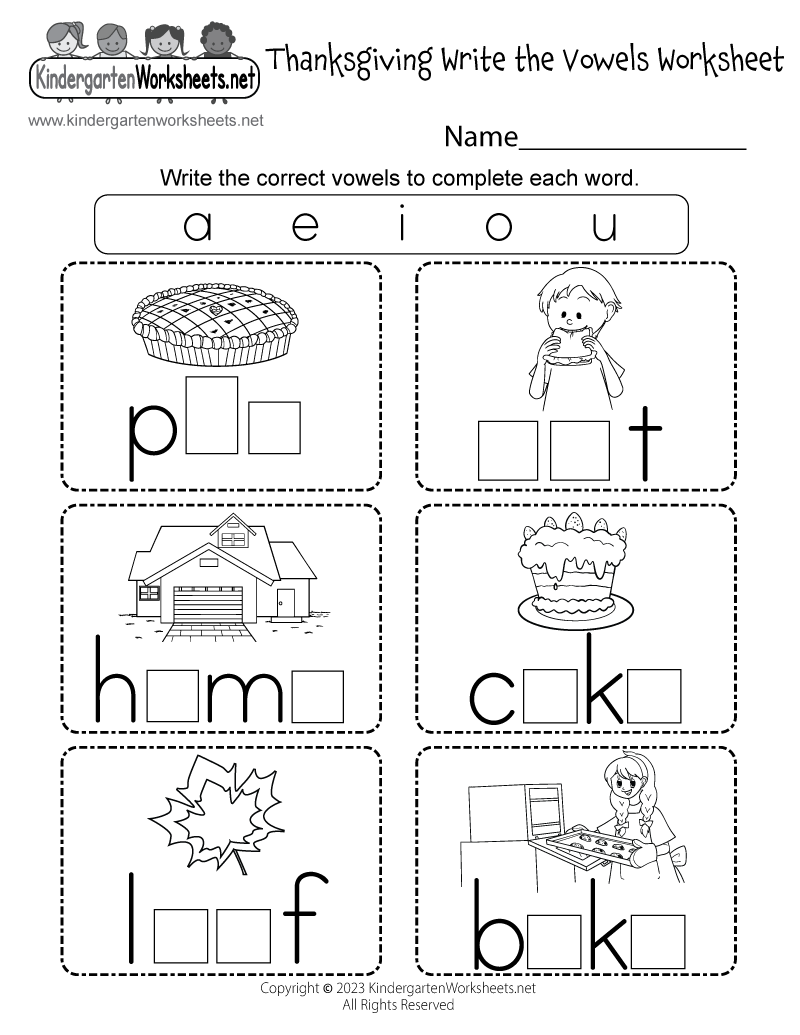 Kindergarten Thanksgiving Write the Vowels Worksheet Printable