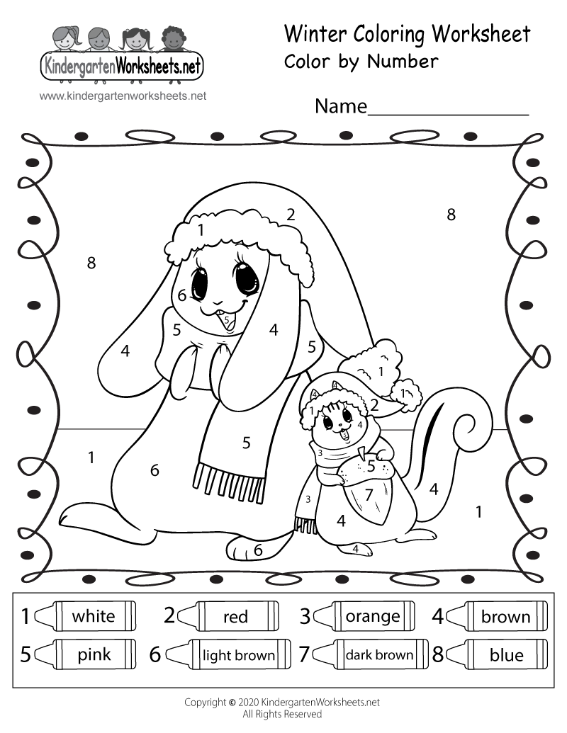 Winter Color By Number Worksheet For Kindergarten