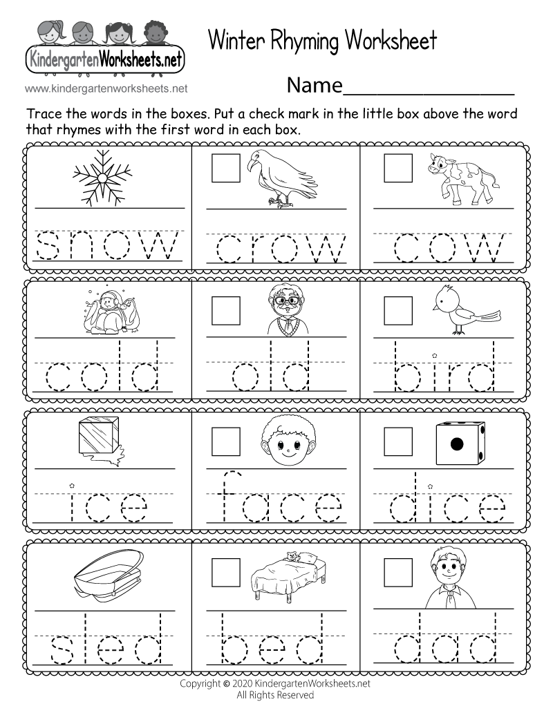 Kindergarten Winter Rhyming Worksheet Printable