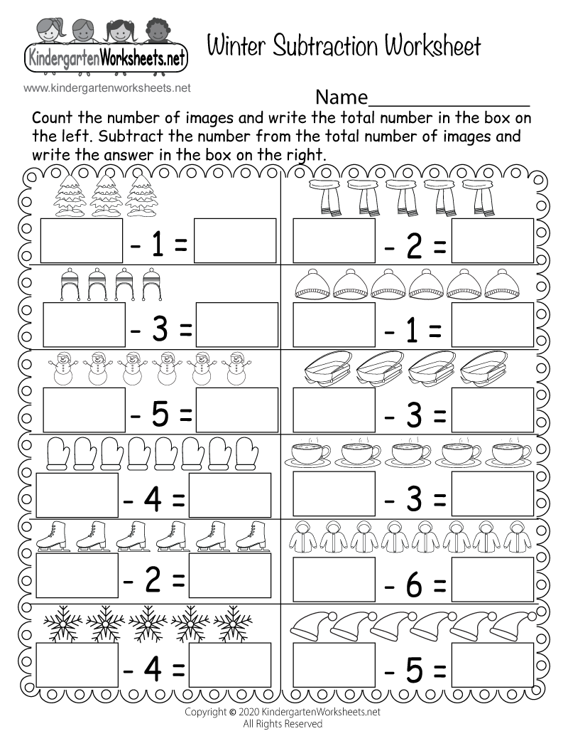 Kindergarten Winter Subtraction Worksheet Printable