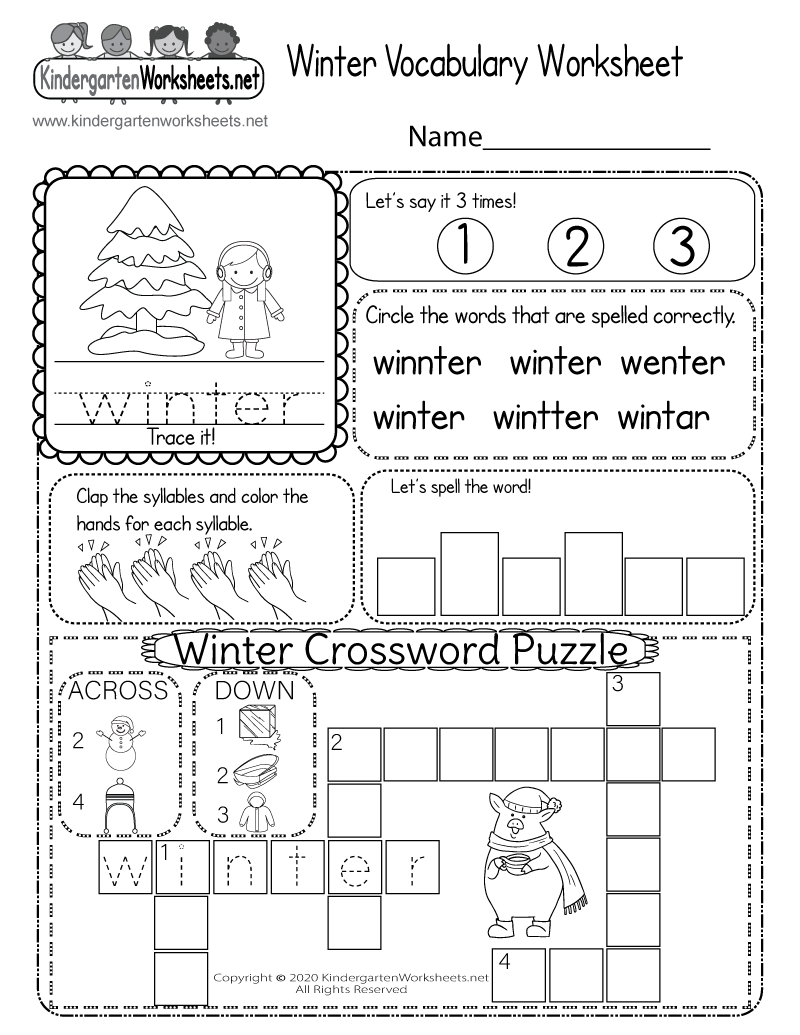 Kindergarten Winter Vocabulary Worksheet Printable