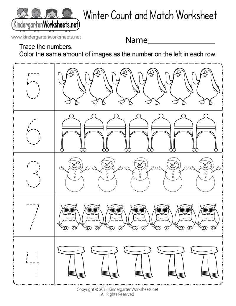 Kindergarten Winter Count and Match Worksheet Printable